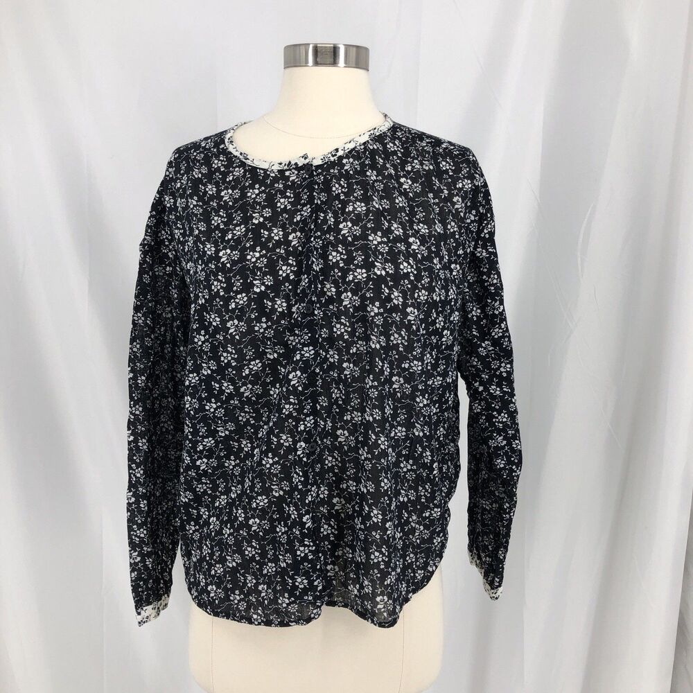 Madewell Womens Size Medium Floral Long Sleeve Blouse Black & White Collarless